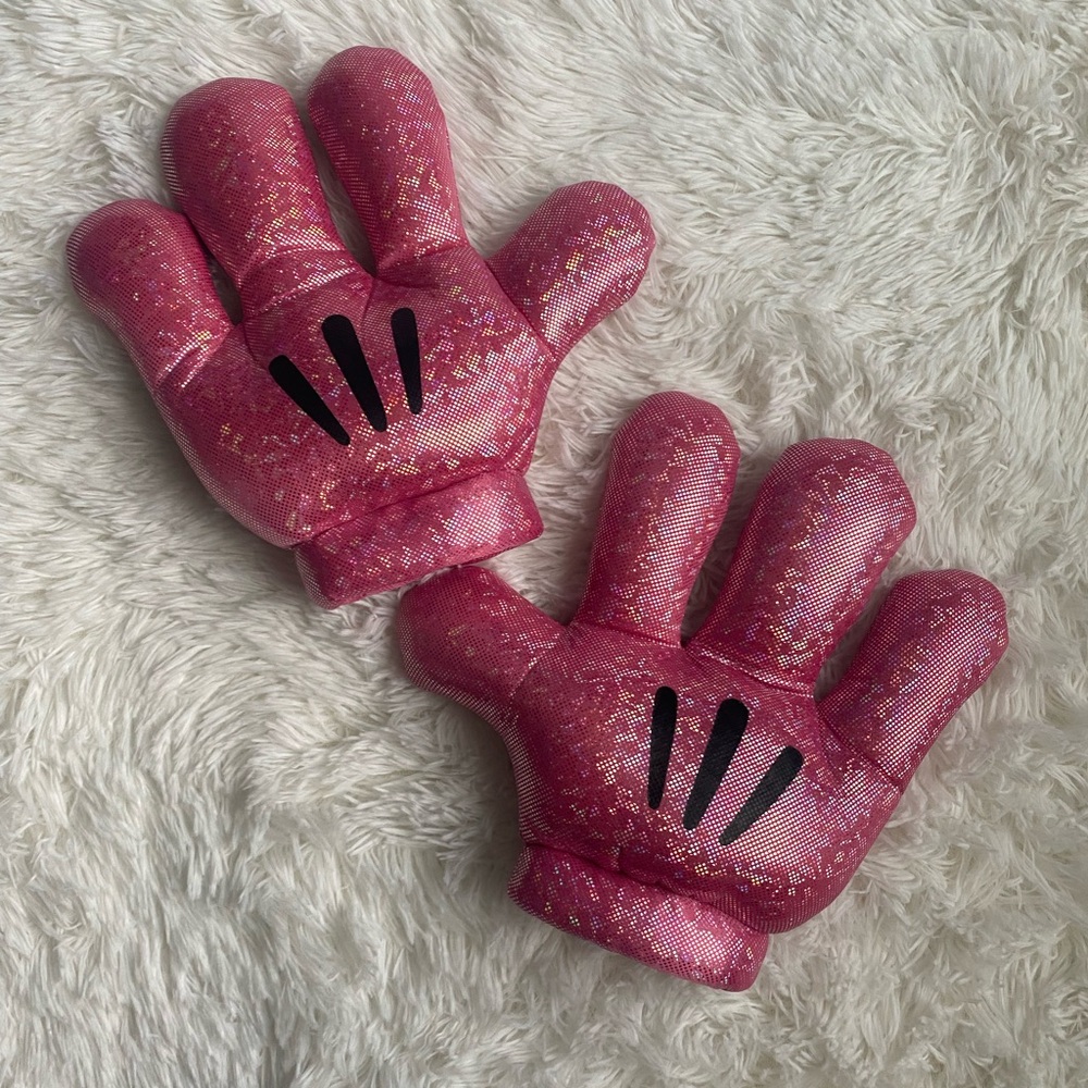 Disney Parks Minnie Mouse Plush Pink Pair Sparkle Hands Gloves Mitts